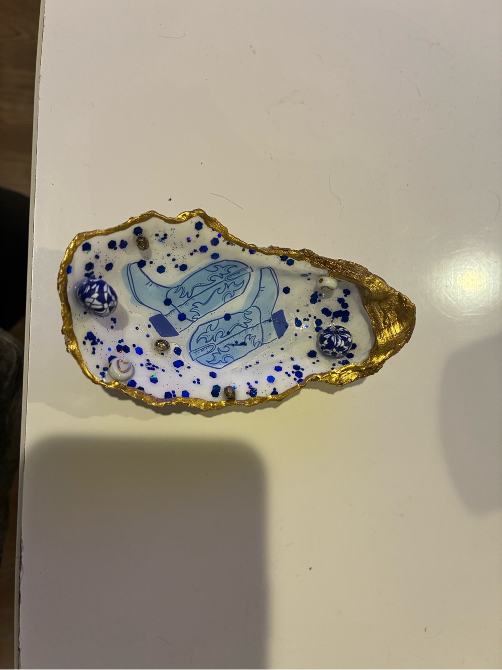 Hand-Painted Blue and Gold Decorative Shell Tray